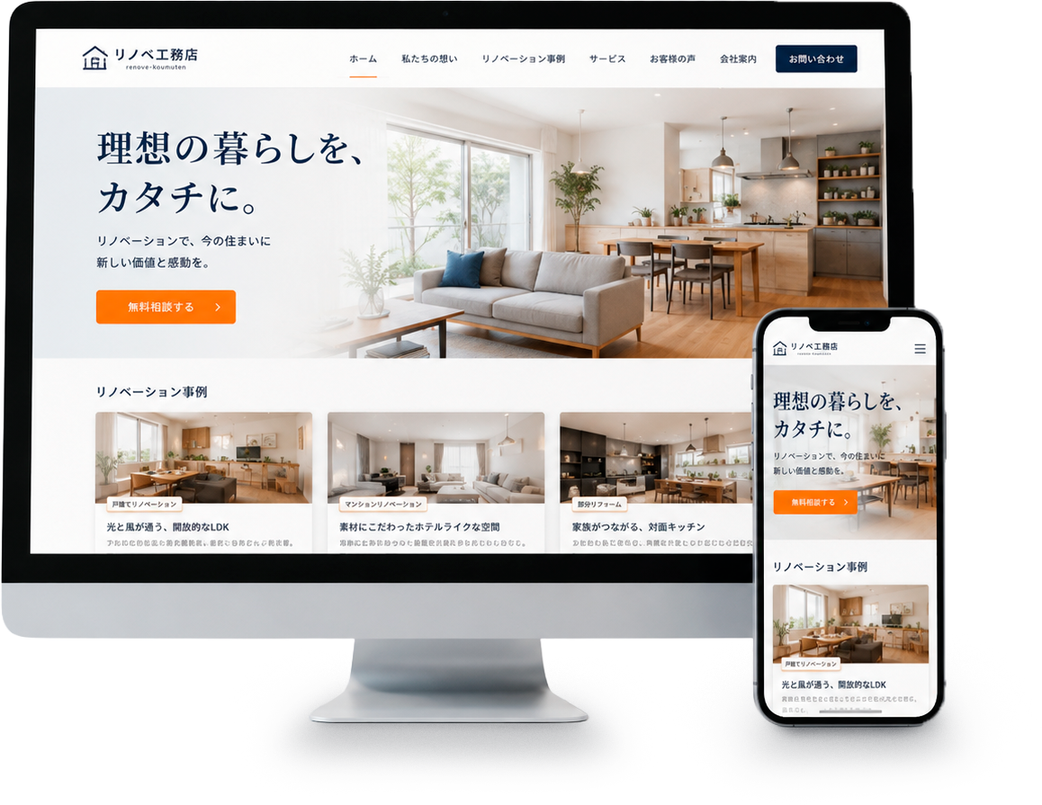 チョクウケで制作したホームページのPC・スマホ表示